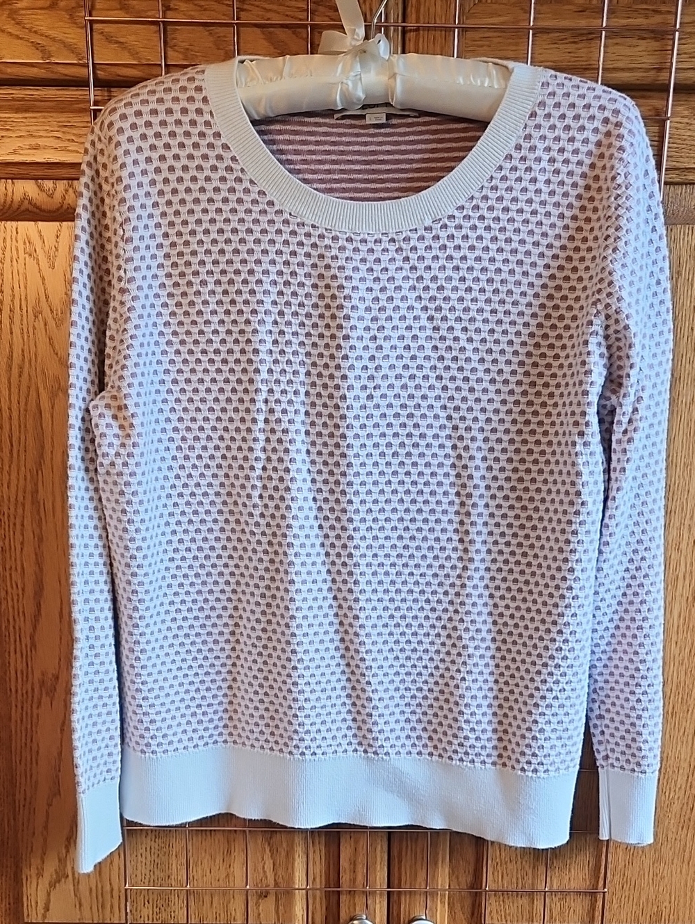 LOFT Cream Crewneck Sweater with Mauve Dot Knit, Size L